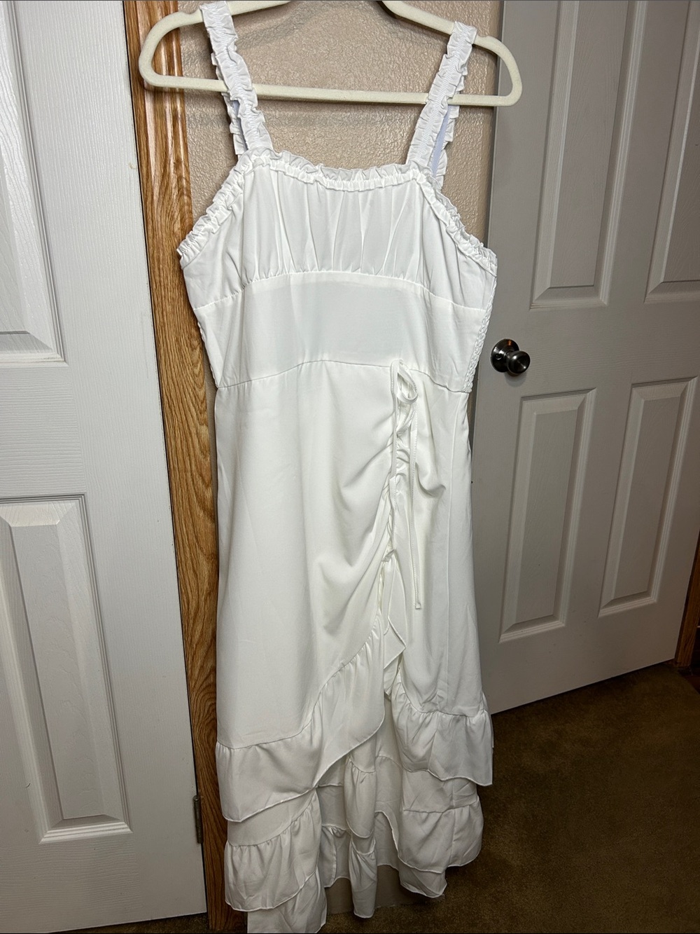 ROMANTIC White Ruffle High-Low Midi Dress with Ruched Bodice - Picture 6 of 7